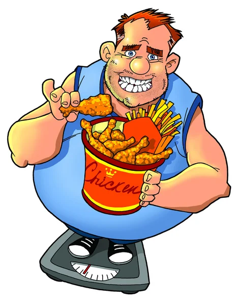 Hombre con sobrepeso con comida rápida en escala de peso —  Fotos de Stock