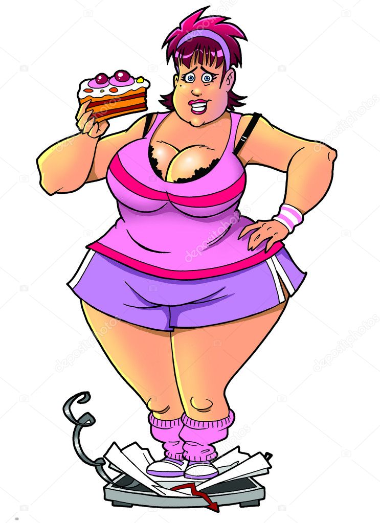 Fat woman with pie on weight scale