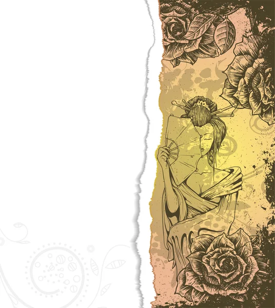 Carton déchiré aux roses et geisha — Image vectorielle