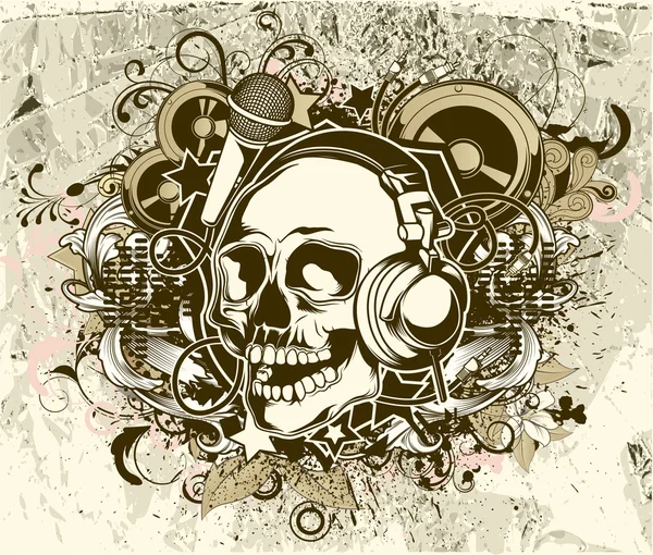 Grunge muziek achtergrond met schedel — Stockvector