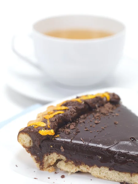 Čokoládový koláč a horký čaj — Stock fotografie