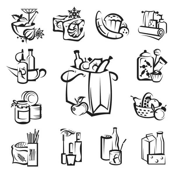 Conjunto de iconos de alimentos y mercancías — Vector de stock