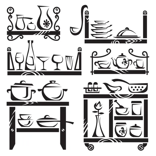 Kitchen utensils on shelves — Stock Vector