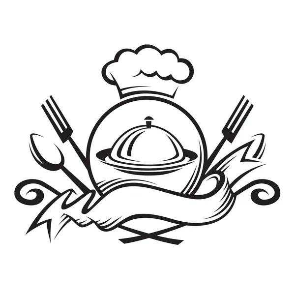 Sombrero de chef con cuchara, tenedor y plato — Vector de stock