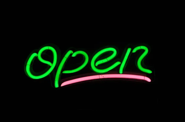 Nyitott zöld Neon jel — Stock Fotó