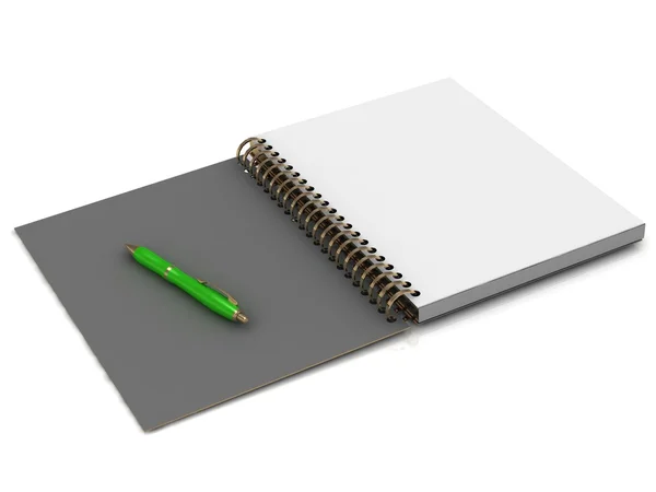 Cuaderno con espiral y una pluma verde — Stockfoto