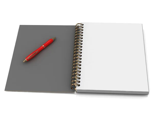Caderno com uma espiral e uma caneta vermelha — Fotografia de Stock