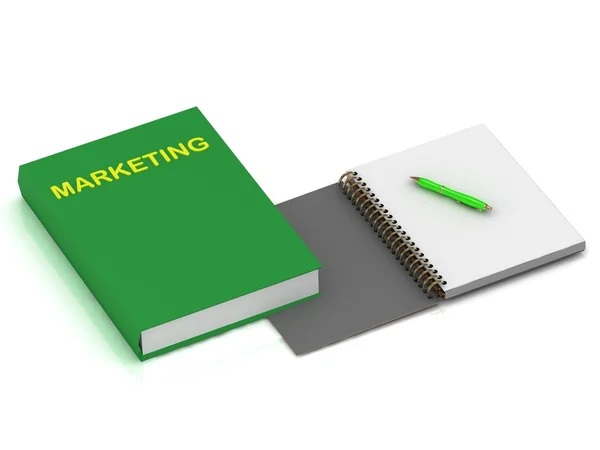 Quaderno con penna e libro di marketing — Foto Stock