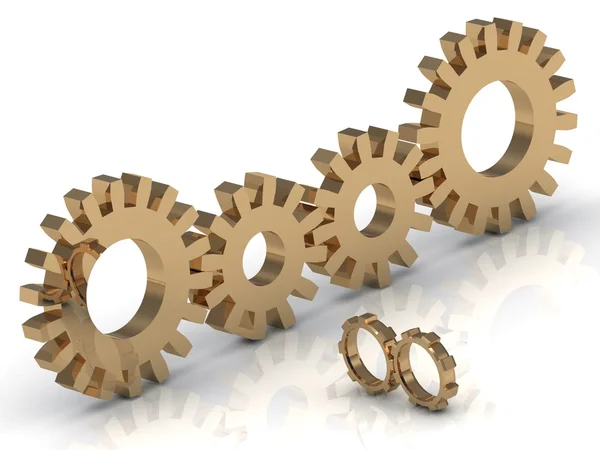 Connecting the four gold and two small gears — Stock Photo, Image