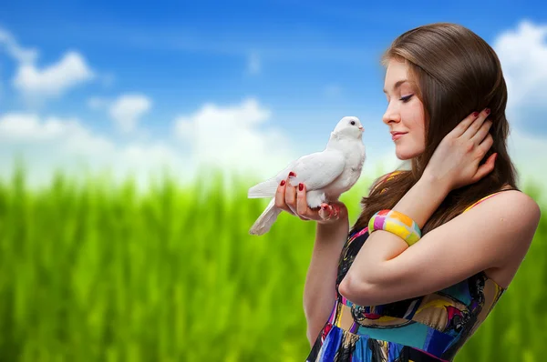 stock image Beautiful girl with white dove.