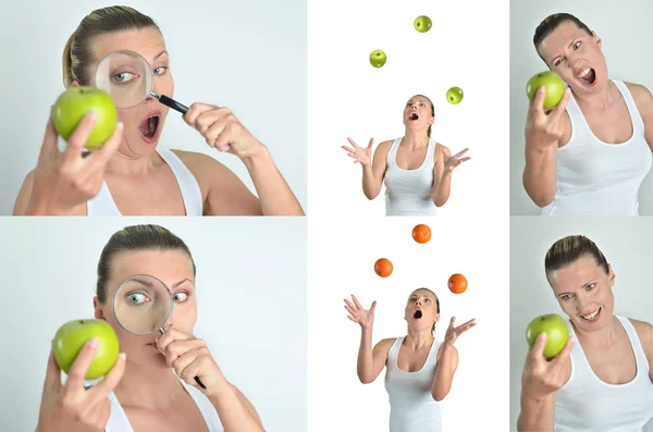 Mulher feliz loira saudável joga e olha laranjas de maçãs — Fotografia de Stock