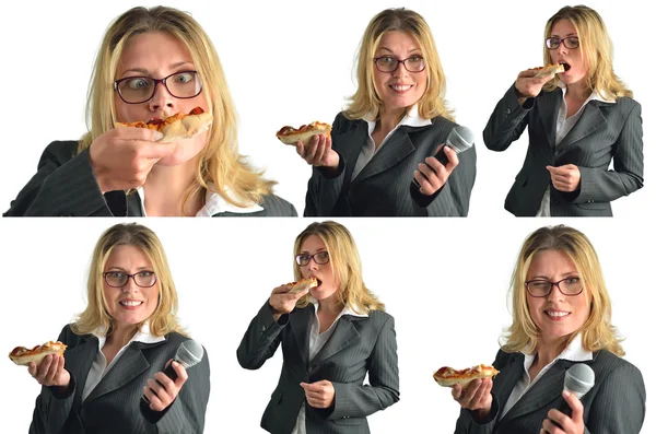 Mujer de negocios comiendo pizza aislada sobre fondo blanco — Foto de Stock