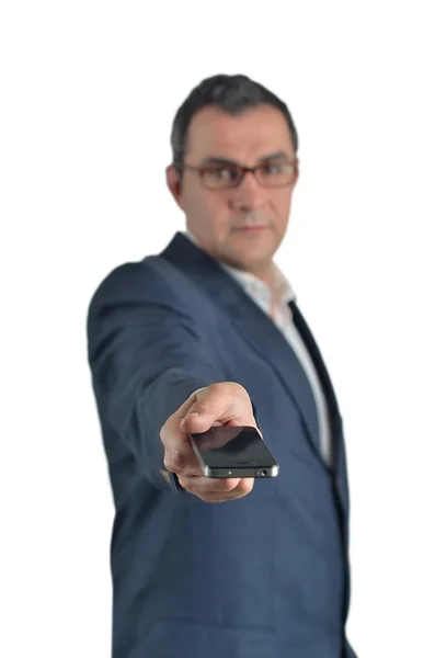 Isolierter weißer Geschäftsmann zeigt sein Handy — Stockfoto