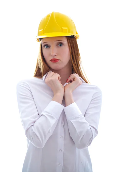 Long haired happy girl with yellow helmet looking to us — Stock Photo, Image