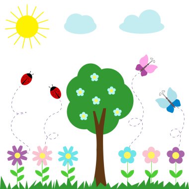 Set of butterflies flowers and ladybugs clipart