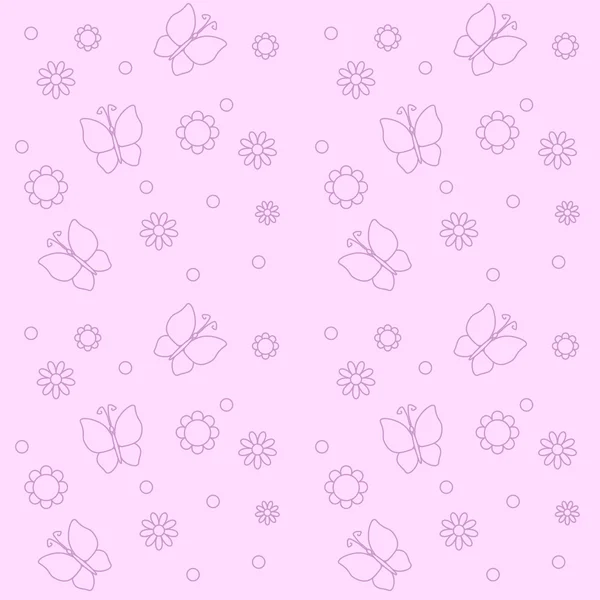 Fundo rosa bonito com flores e borboletas — Vetor de Stock