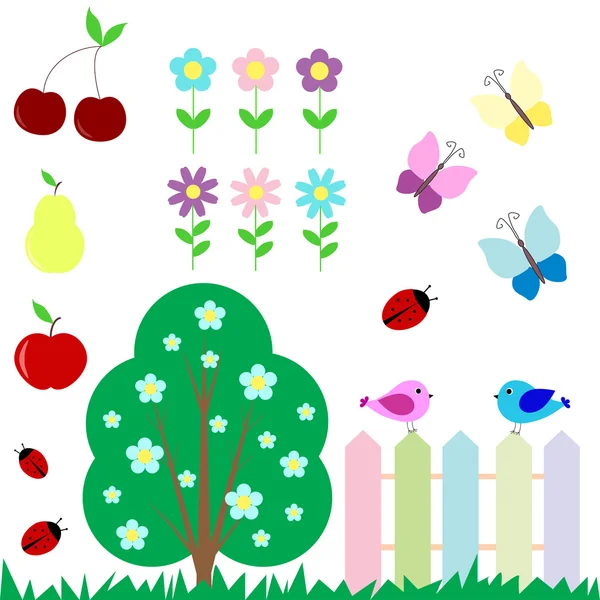 Set van bloemen, vruchten, vlinders, vogels — Stockvector