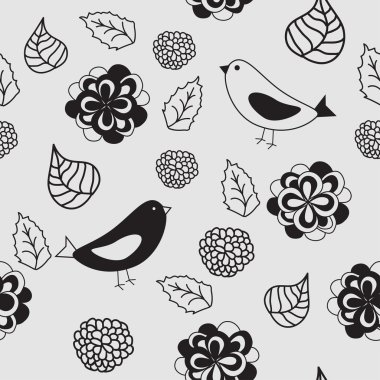 Floral seamless pattern in retro style with birds