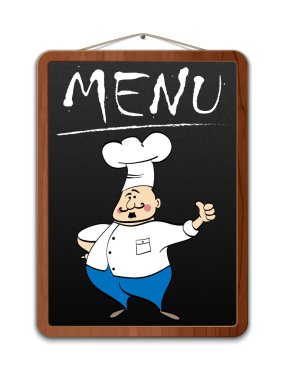 Blackboard with menu inscription and illustrated chef. Vector clipart
