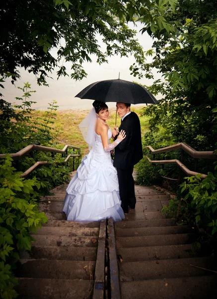 The bride and groom looked back down the stairs — Stock Photo, Image