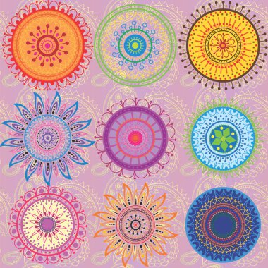 A set of 9-colored mandalas clipart