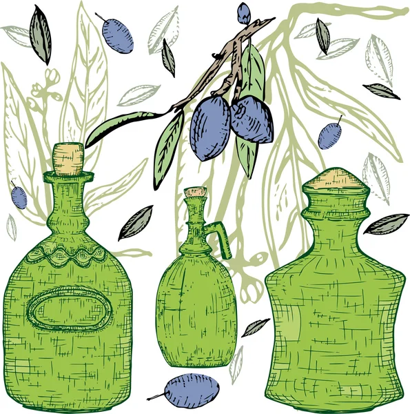 Зеленые бутылки с оливками — стоковый вектор
