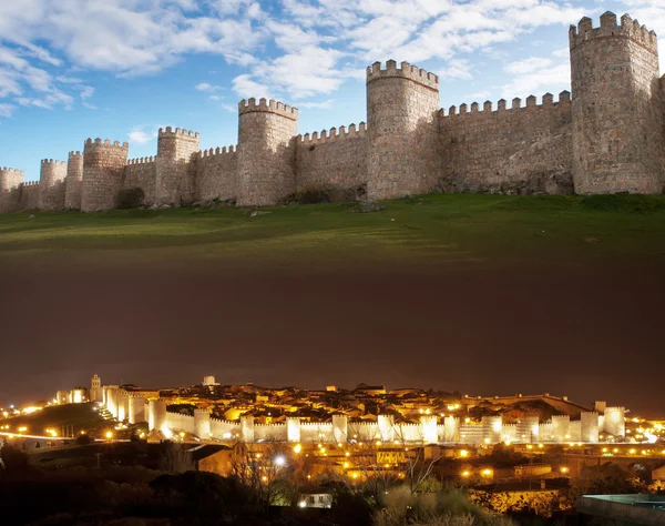 Вид на город Авила днем и ночью — стоковое фото