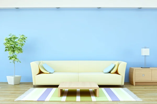 Interior con sofá, planta y lámpara Imagen de archivo