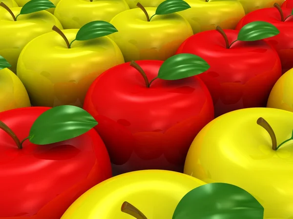 Żółte i czerwone jabłka. 3D model — Zdjęcie stockowe