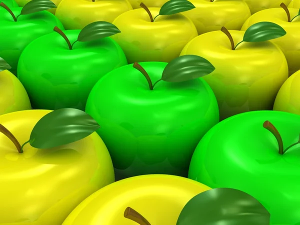Maçãs amarelas e verdes. Modelo 3d — Fotografia de Stock