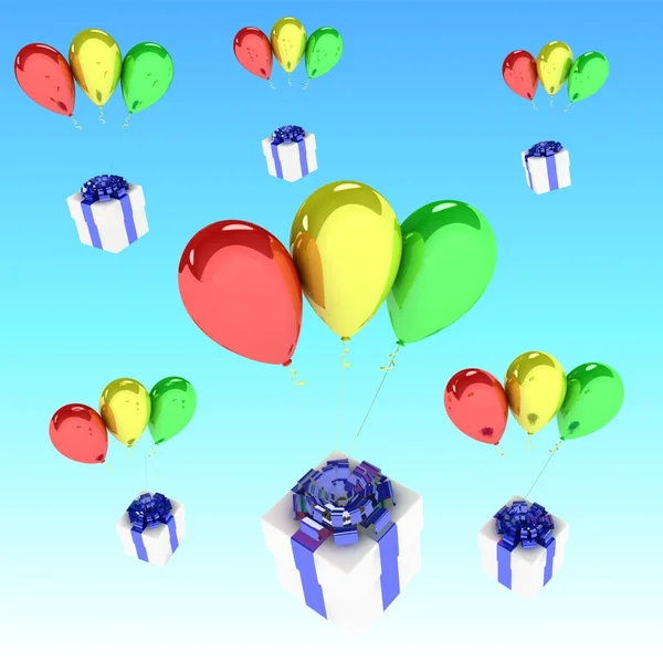 Flying balloons with gifts — Stock Photo, Image