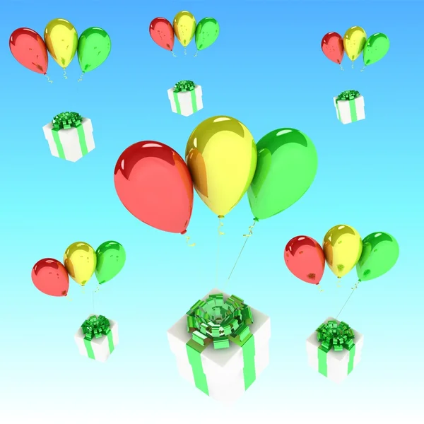 Летящие воздушные шары с подарками — стоковое фото