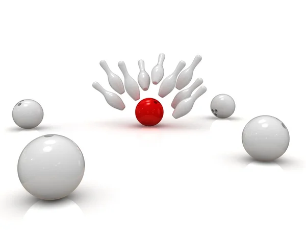 Red bowling ball crashing into skittles — Stock Photo, Image