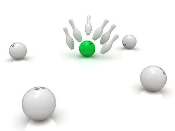Green bowling ball crashing into skittles with arrow — Stock Photo, Image