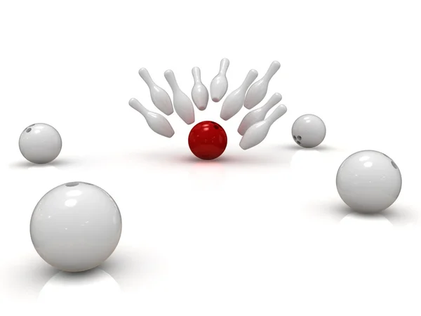 Red bowling ball crashing into skittles with arrow — Stock Photo, Image