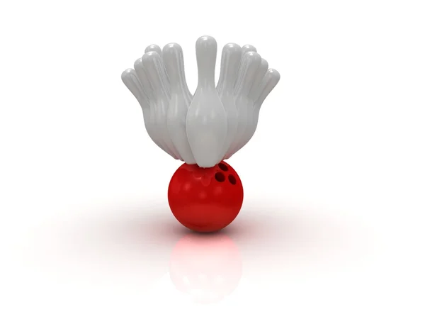 Pallina da bowling rossa che si schianta contro i birilli con la freccia — Foto Stock