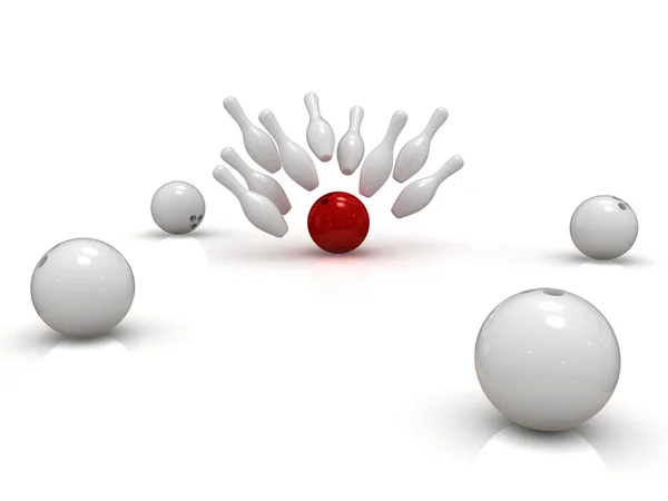 Rode bowling bal crashen in kegelen met pijl — Stockfoto