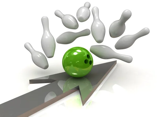 Green bowling ball crashing into skittles with arrow — Stock Photo, Image