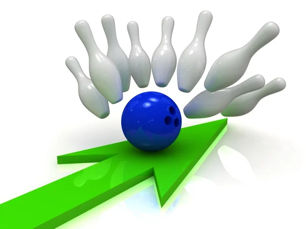 緑の矢印と九柱戯にクラッシュする青のボウリングのボール — ストック写真