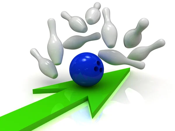 Blue bowling míč do kuželky se zelenou šipkou — Stock fotografie