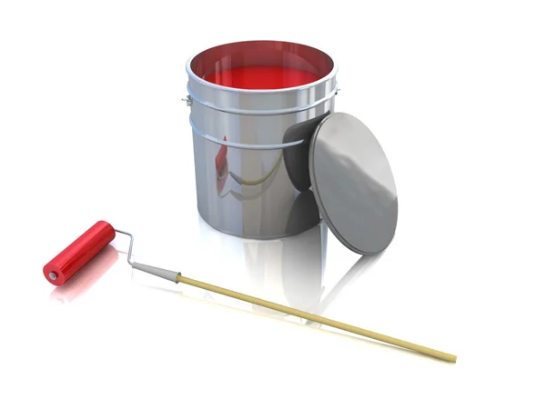 stock image Open bucket with color paint and roller