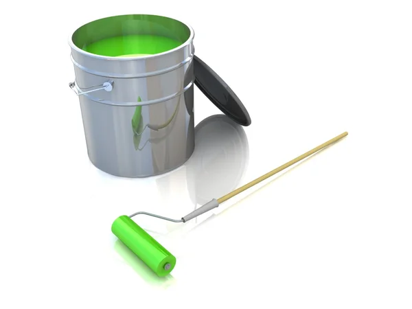 Otevřené kbelík s barevný nátěr a válečkem — Stock fotografie