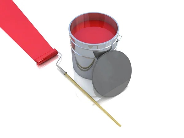 Cubo abierto con pintura de color y rodillo — Foto de Stock
