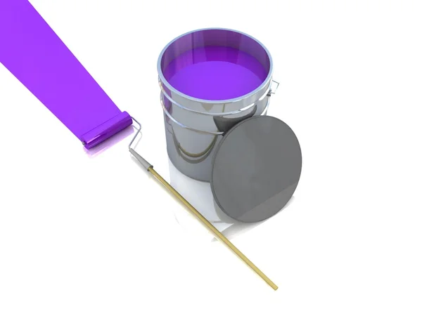 Otevřené kbelík s barevný nátěr a válečkem — Stock fotografie