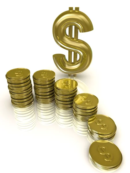 Monedas de oro aisladas sobre fondo blanco y dólar — Foto de Stock