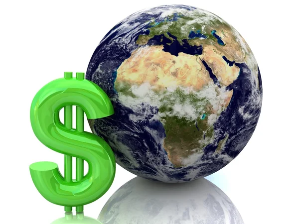 3D illustratie van globe and dollar op witte achtergrond — Stockfoto