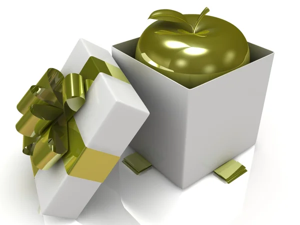 Подарочная коробка на белом фоне с золотым яблоком. 3d иллюстрация . — стоковое фото