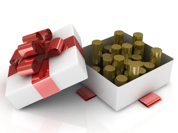 Подарочная коробка на белом фоне с золотыми монетами. 3d иллюстрация . — стоковое фото