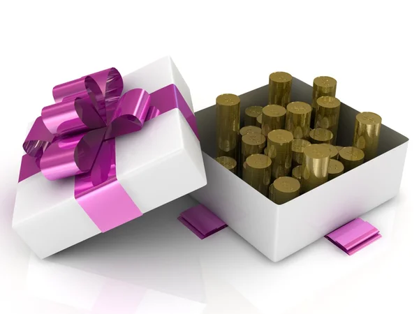 De doos van de gift op witte achtergrond met gouden munten. 3D illustratie. — Stockfoto