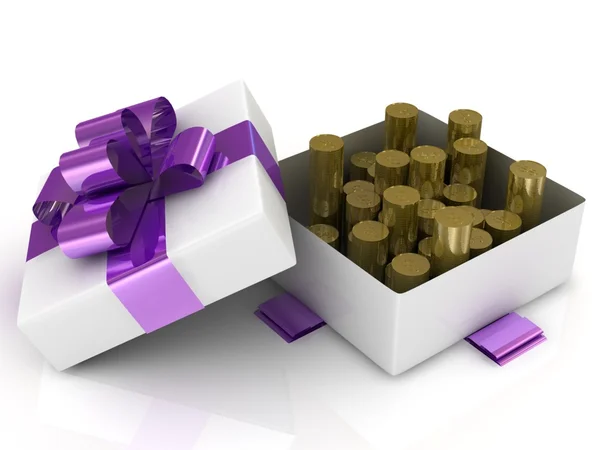 Geschenkbox auf weißem Hintergrund mit Goldmünzen. 3D-Illustration. — Stockfoto